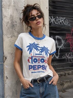 Pepsi NWT Vintage-inspired Music Festival ringer tee with retro boombox graphic